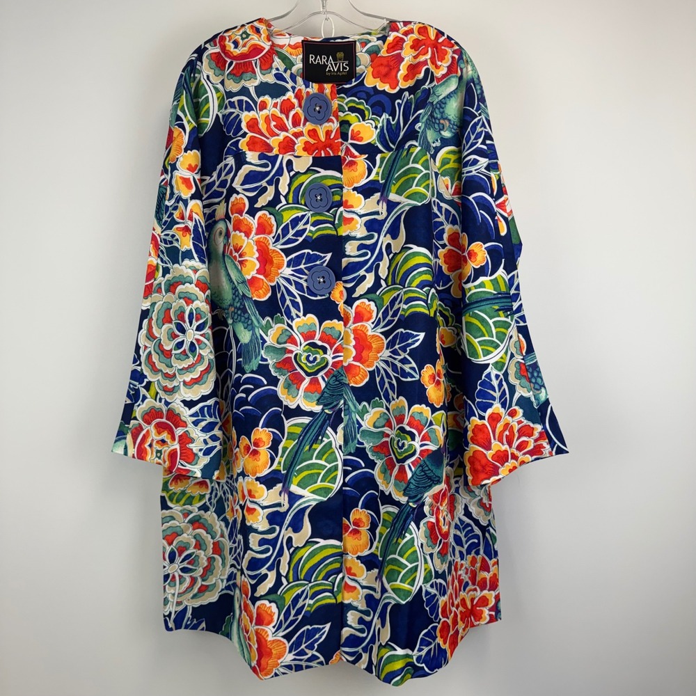 Rara Avis by Iris Apfel Floral Bird Print Topper Coat Blue Multicolor Large